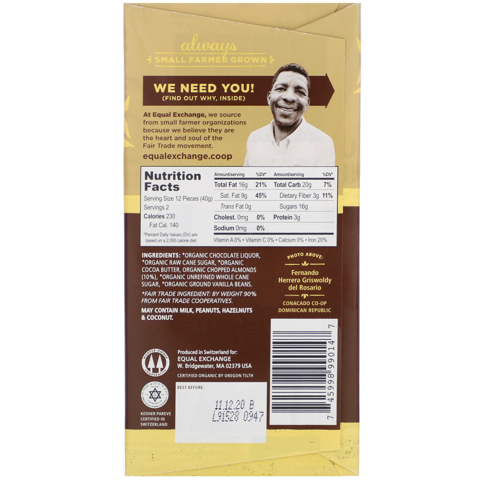 Equal Exchange, Chocolate Meio-Amargo Orgânico, Pedaços de Amêndoas Torradas, 2,8 oz (80 g) - Imagem 2