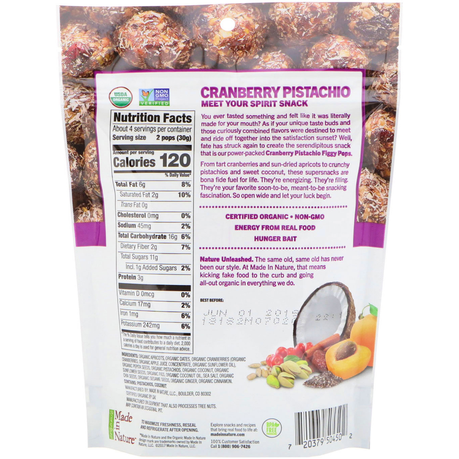 Made in Nature, Pops de Figo Orgânico, Supersnacks, Cranberry e Pistache, 4,2 oz (119 g) - Imagem 2