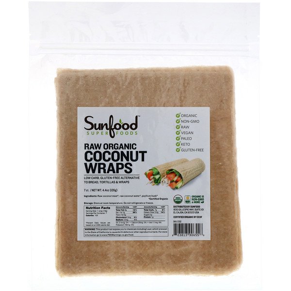 Sunfood, Wraps de Coco Orgânico Natural, 7 Wraps, 126 g (4,4 oz)