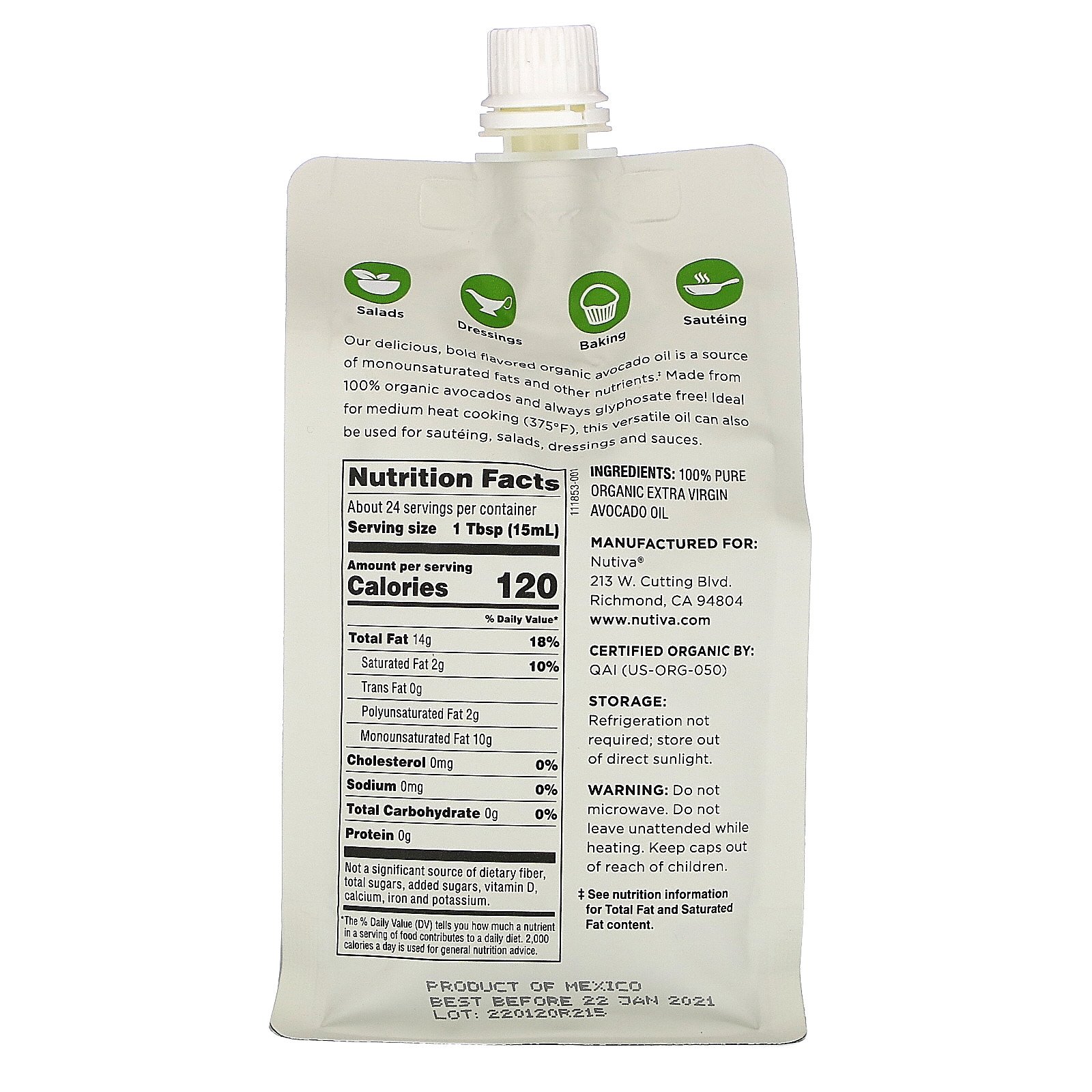 Nutiva, Óleo de Abacate Orgânico, Extra Virgem, 355 ml (12 fl oz) - Imagem 2