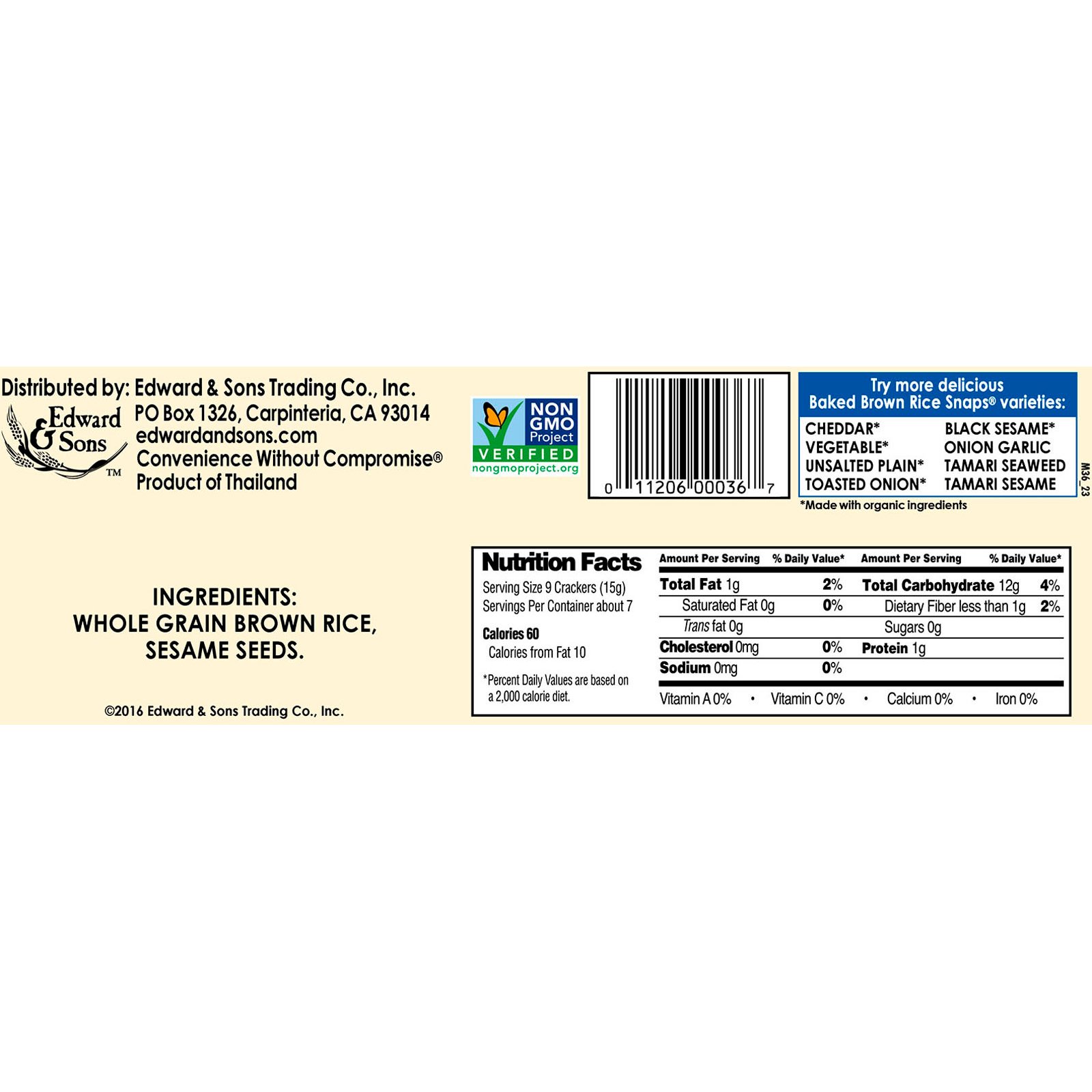 Edward & Sons, Biscoitos assados de arroz integral, gergelim sem sal, 3,5 oz (100 g) - Imagem 2