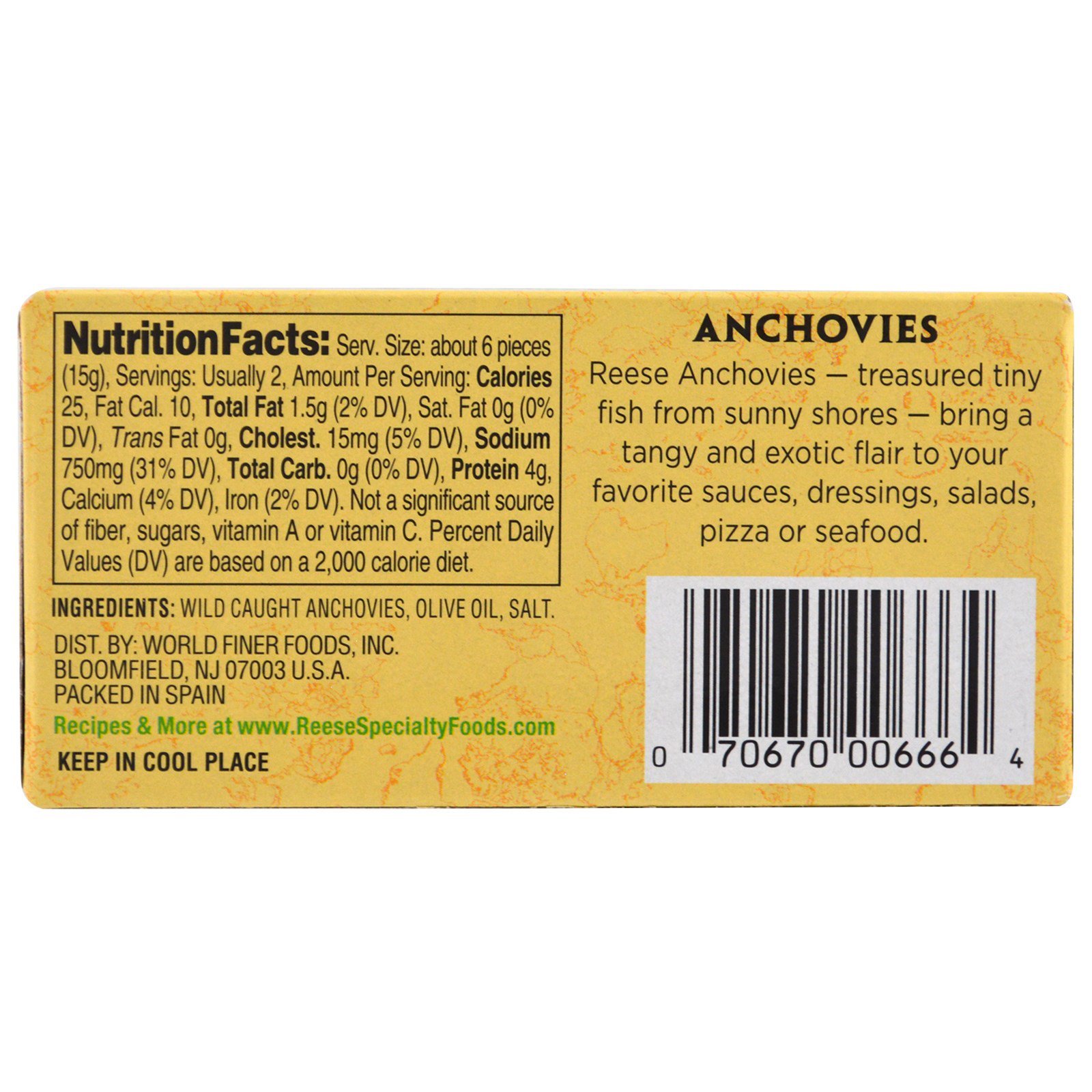 Reese, Filés de Anchova em Azeite de Oliva Enlatados, 2 oz (56 g) - Imagem 2