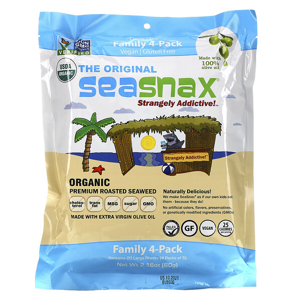 SeaSnax, Algas Marinhas Orgânicas Torradas Premium, Original, 20 Folhas Grandes, 60 g (2,16 oz)