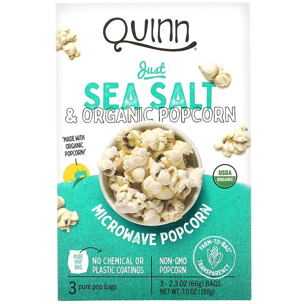 Quinn Popcorn, Pipoca de Micro-ondas, Apenas Sal Marinho, 3 Sacos, 66 g (2,3 oz) Cada