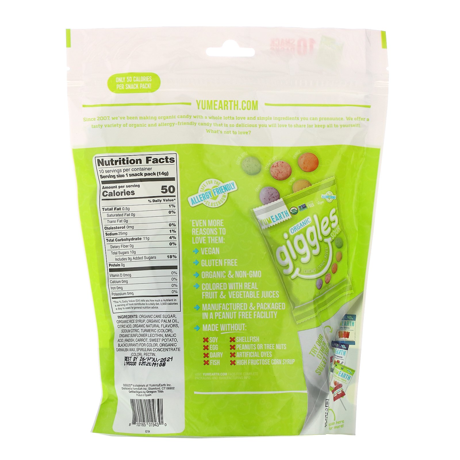 YumEarth, Organic Giggles Sour, 10 Snack Packs, .5 oz (14 g) Each - Imagem 2