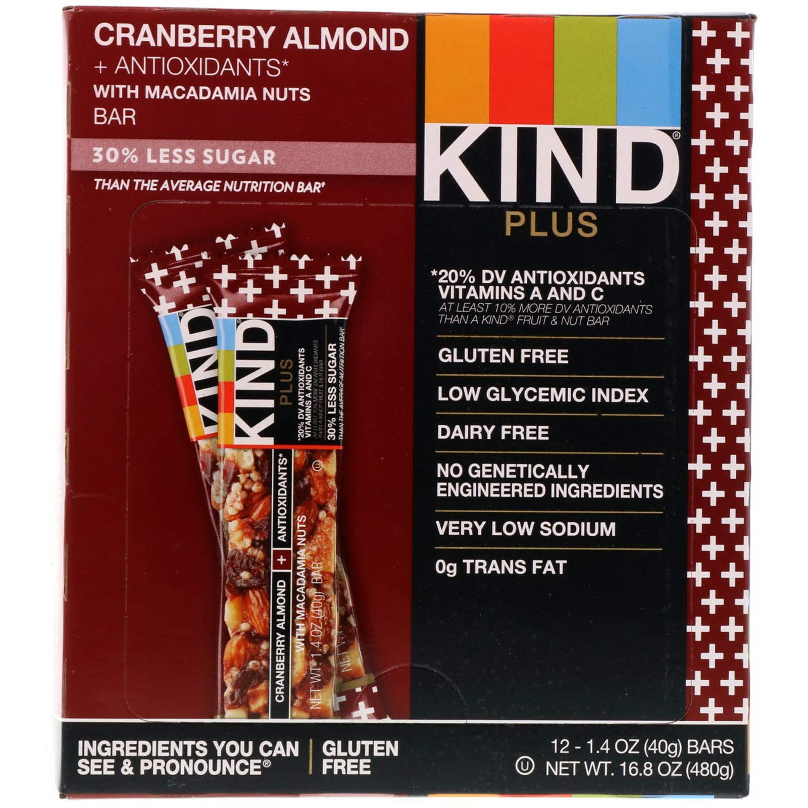 KIND Bars, Kind Plus, Cranberry Almond + Antioxidants with Macadamia Nuts, 12 Bars, 1.4 oz (40 g) Each - Imagem 2