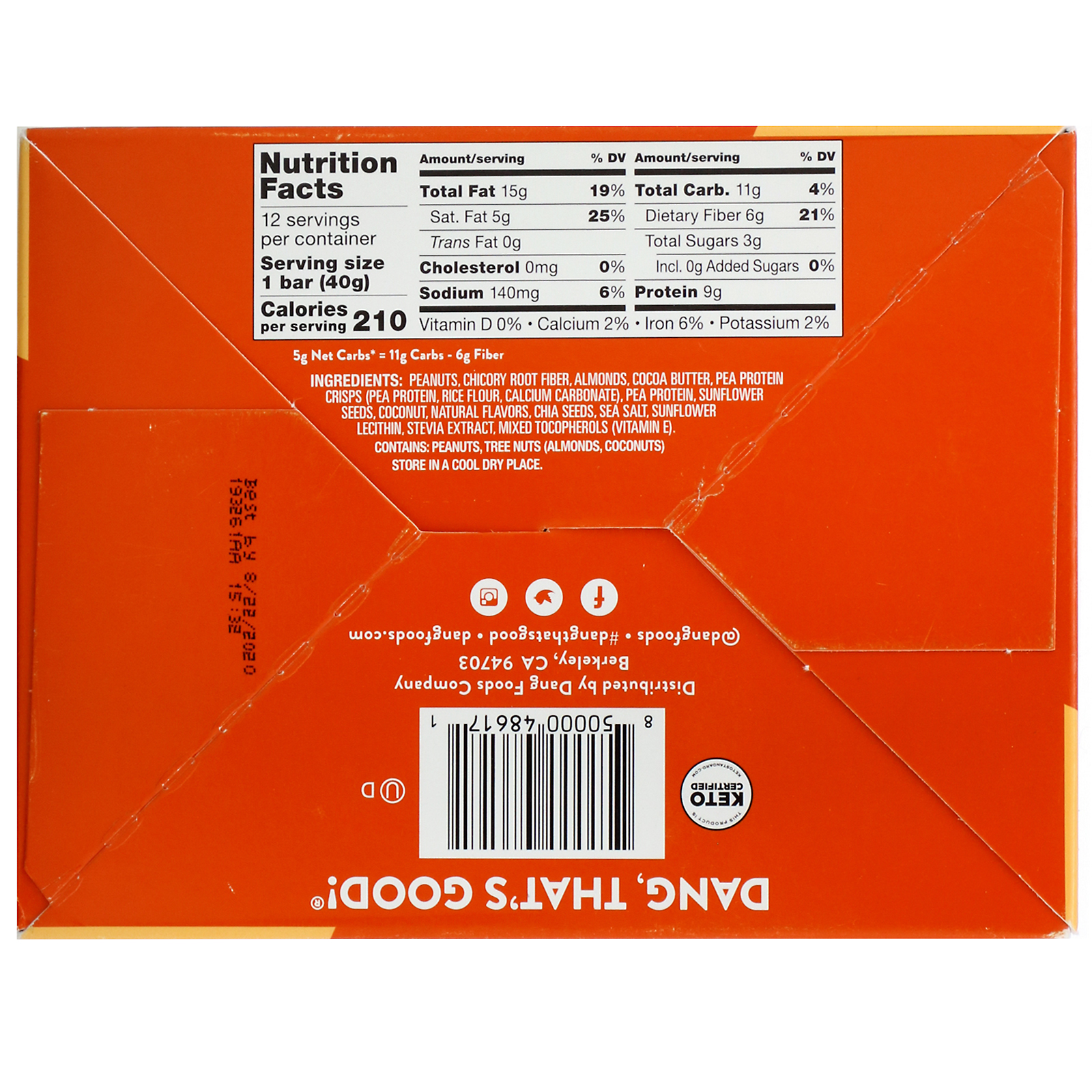 Dang, Keto Bar, Peanut Butter, 12 Bars, 1.4 oz (40 g) Each - Imagem 4