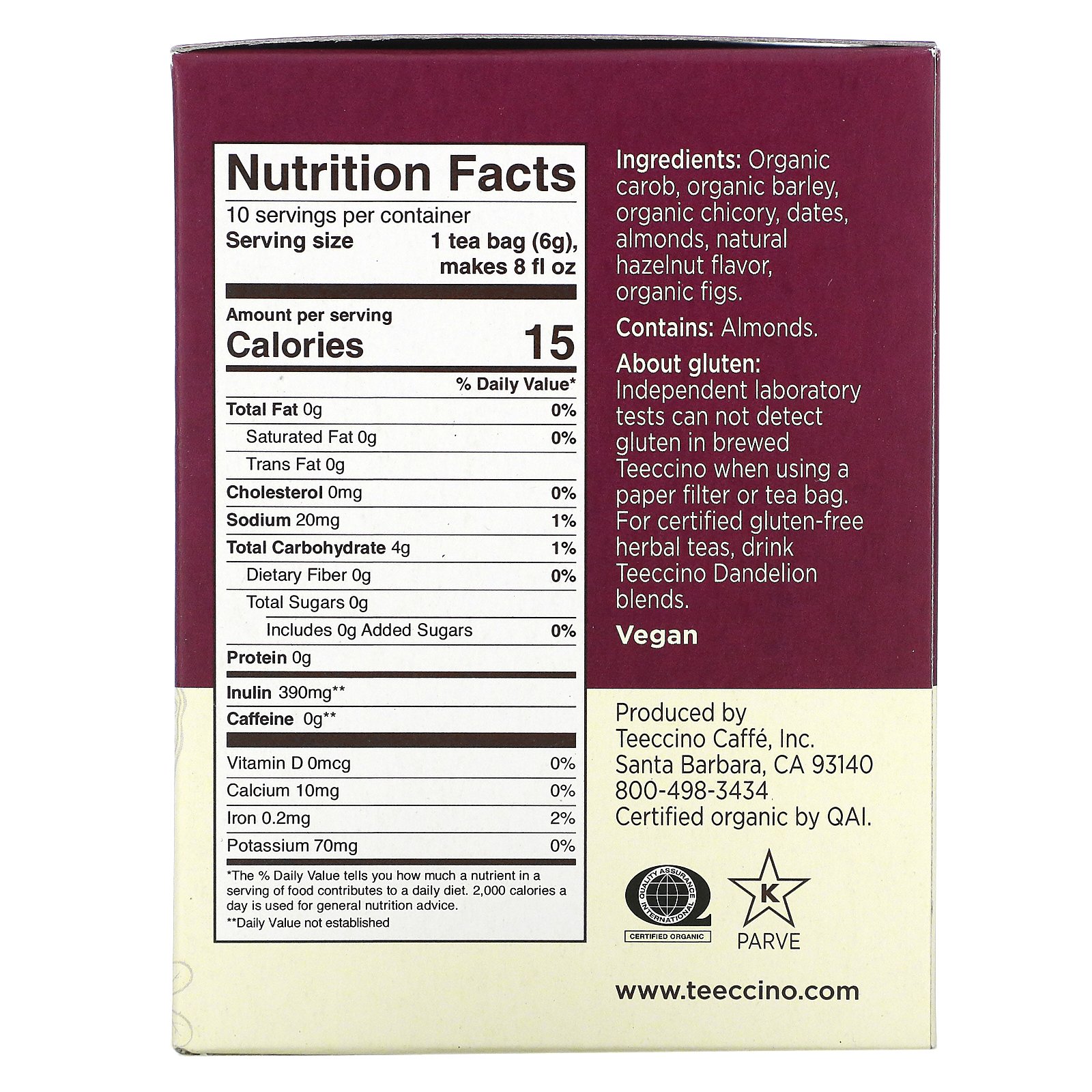 Teeccino, Roasted Herbal Tea, Hazelnut, Caffeine Free, 10 Tea Bags, 2.12 oz (60 g) - Imagem 2