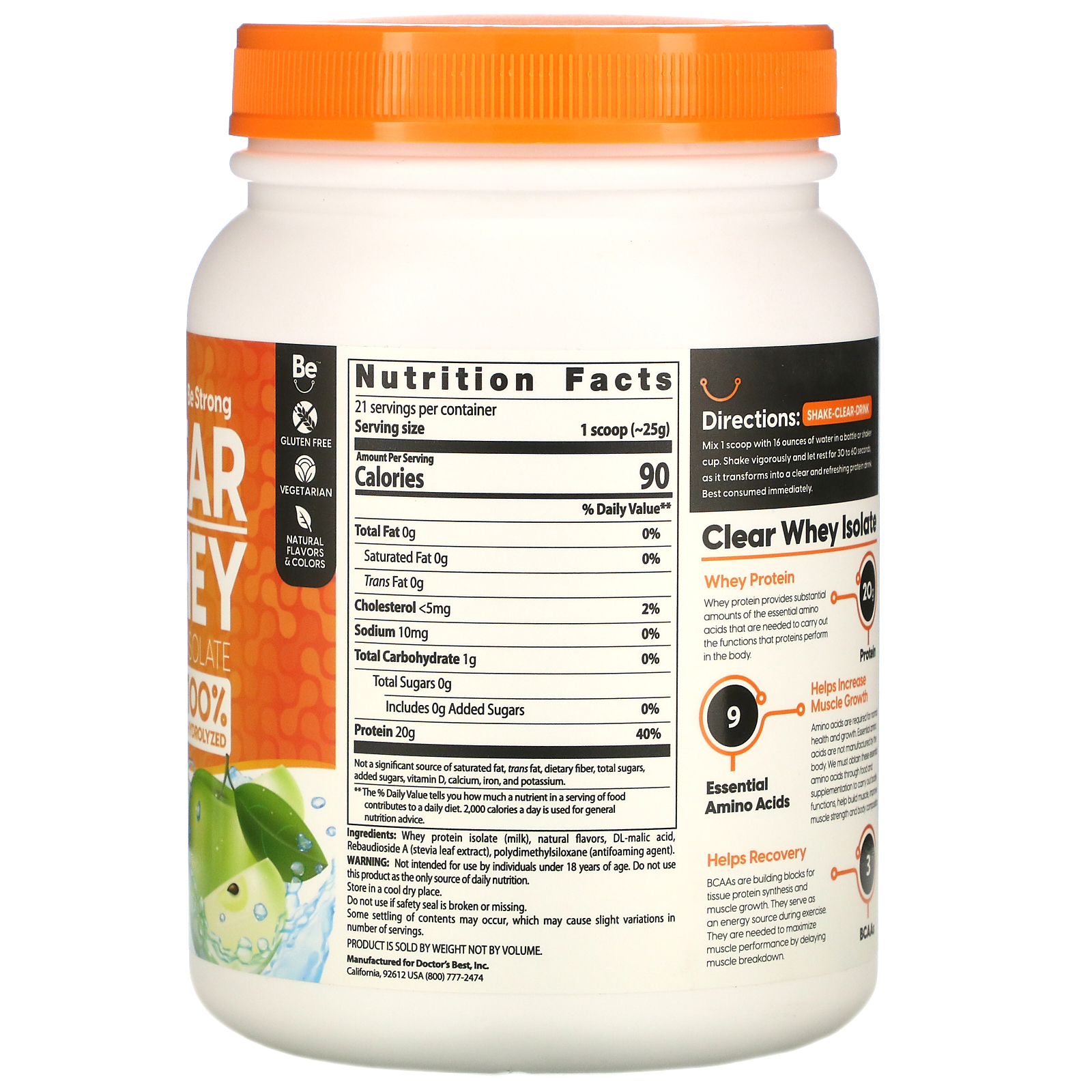 Doctor's Best, Clear Whey Protein Isolate, Green Apple, 1.2 lbs (546 g) - Imagem 2