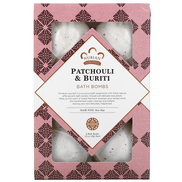 Nubian Heritage, Patchouli & Buriti, Bath Bombs, 6 Bath Bombs, 1.6 oz (45 g) Each