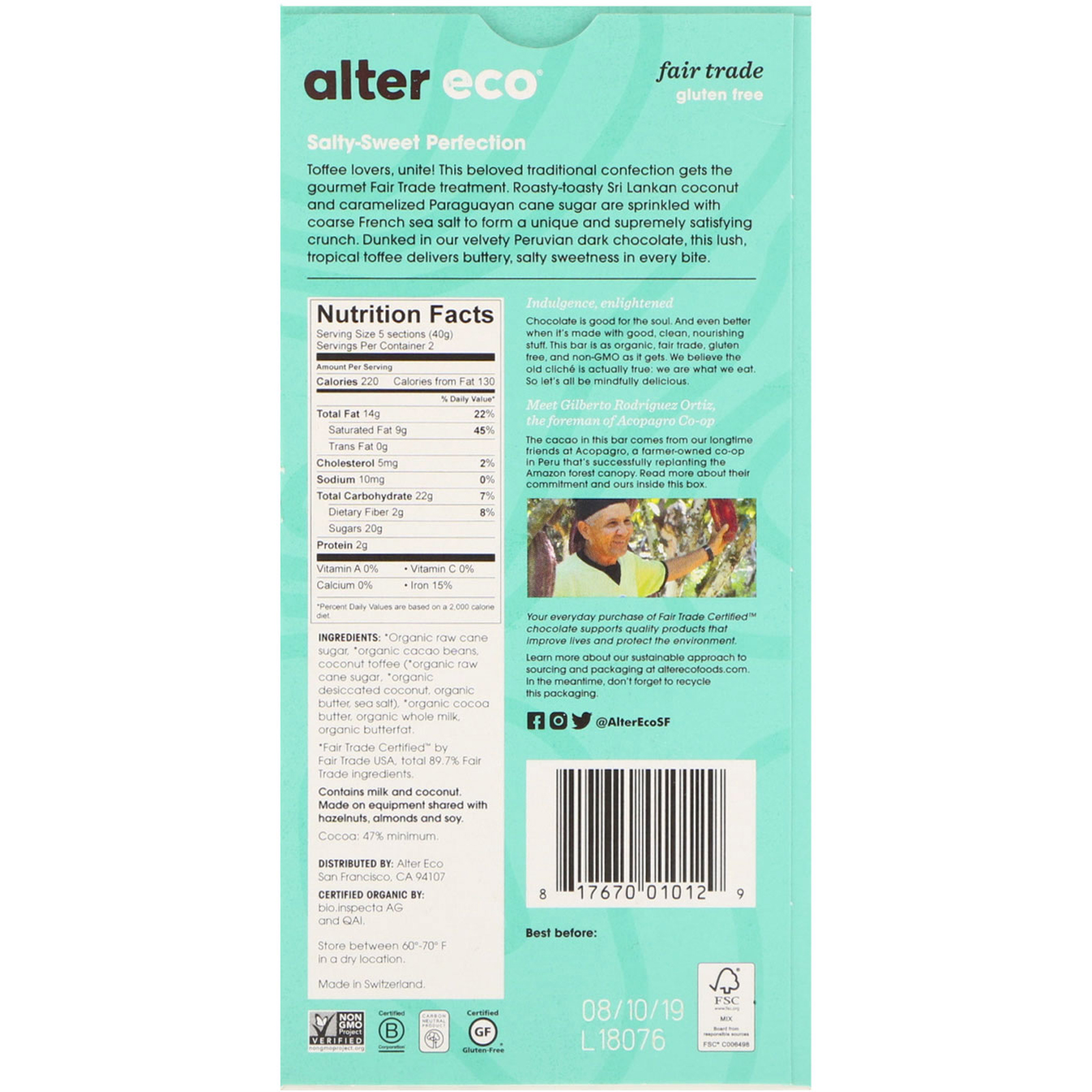 Alter Eco, Organic Chocolate Bar, Dark Salted Coconut Toffee, 47% Cocoa, 2.82 oz (80 g) - Imagem 2