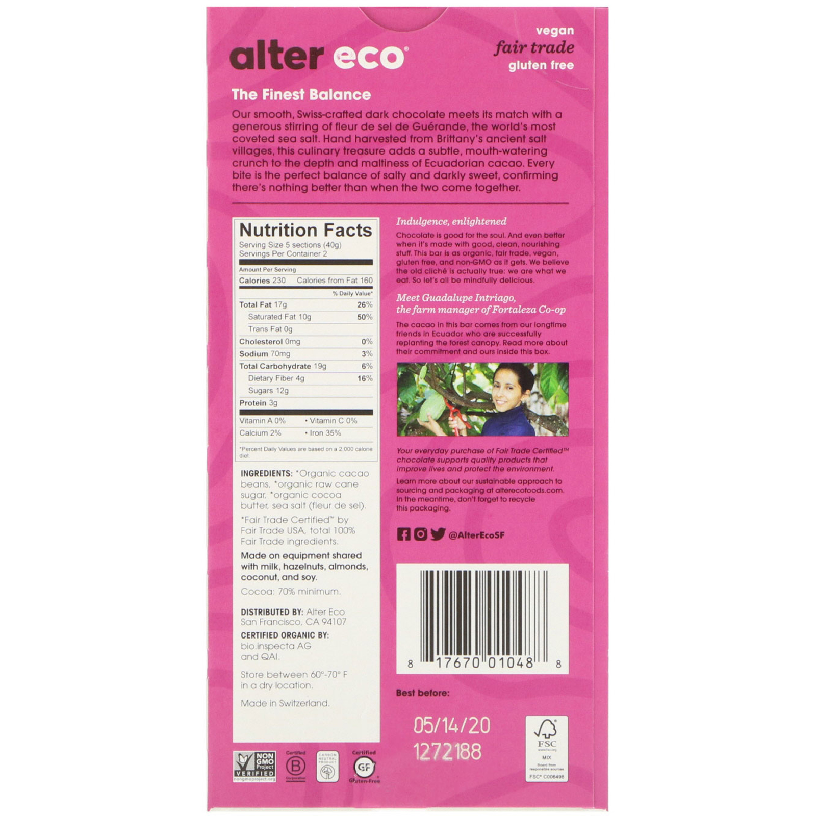 Alter Eco, Organic Chocolate Bar, Deep Dark Sea Salt, 70% Cocoa, 2.82 oz (80 g) - Imagem 2