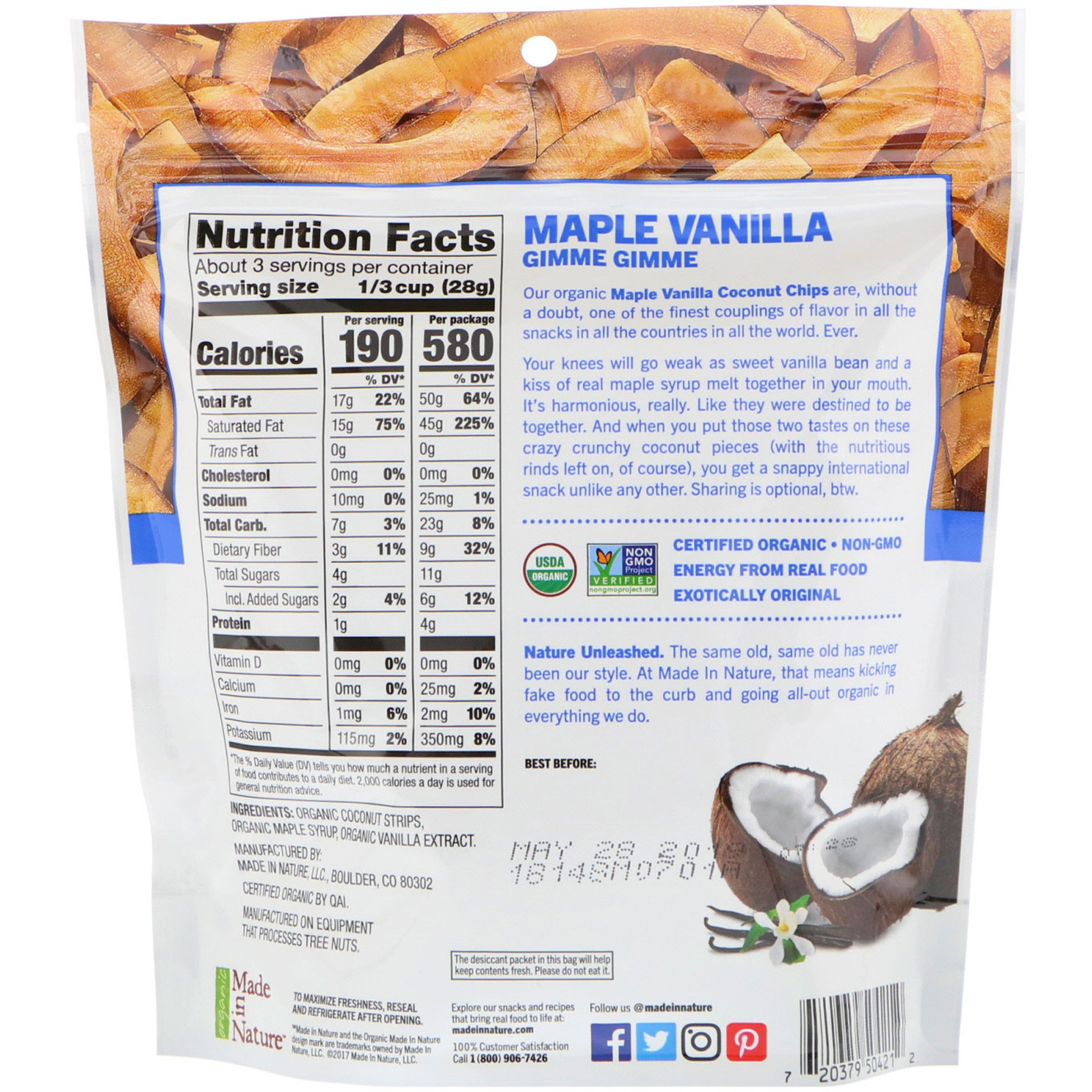Made in Nature, Orgânico, Supersnacks de Chips de Coco com Bordo e Baunilha, 85 g (3 oz) - Imagem 2