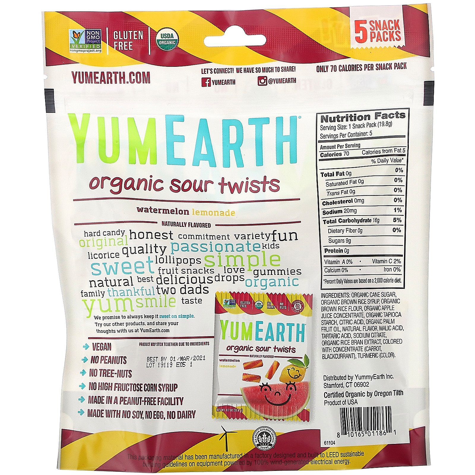 YumEarth, Tranças orgânicas amargas, Limonada e Melancia, 5 saquinhos de petiscos, 0,7 onças (19,8 g) cada - Imagem 2