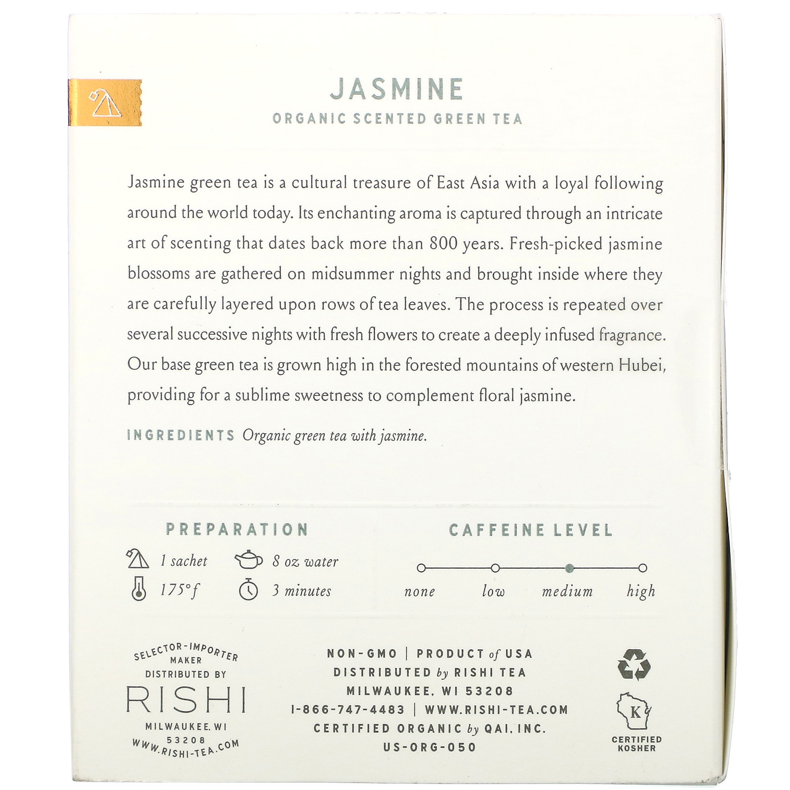 Rishi Tea, Organic Scented Green Tea, Jasmine, 15 Sachets, 1.48 oz (42 g) - Imagem 2