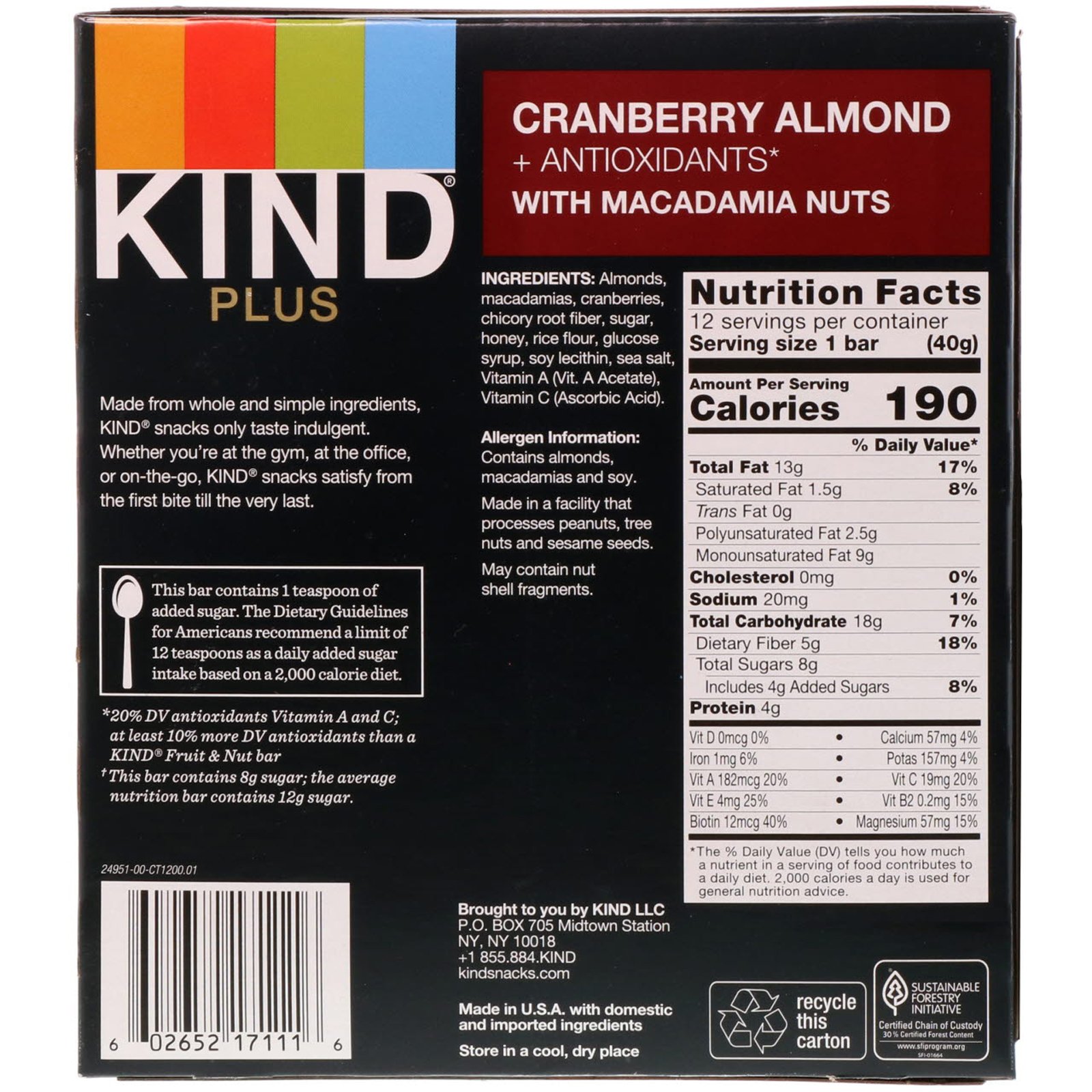 KIND Bars, Kind Plus, Cranberry Almond + Antioxidants with Macadamia Nuts, 12 Bars, 1.4 oz (40 g) Each - Imagem 3
