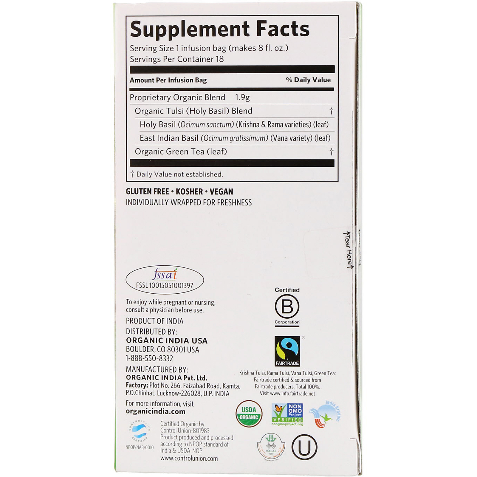 Organic India, Chá Tulsi, Green, 18 Saquinhos de Infusão, 34,2 g (1,21 oz) - Imagem 2
