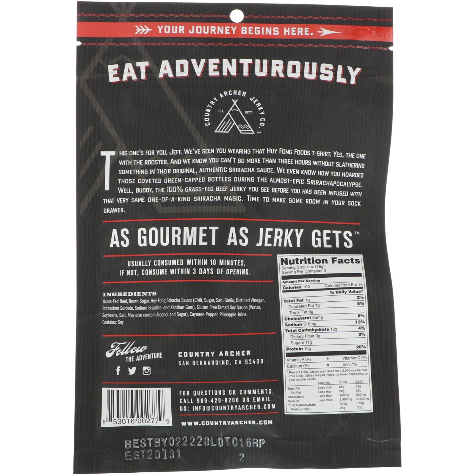 Country Archer Jerky, Carne seca sriracha, 3 oz (85 g) - Imagem 2