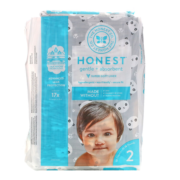 The Honest Company, Honest Diapers, Size 2, 12-18 Pounds, Pandas, 32 Diapers