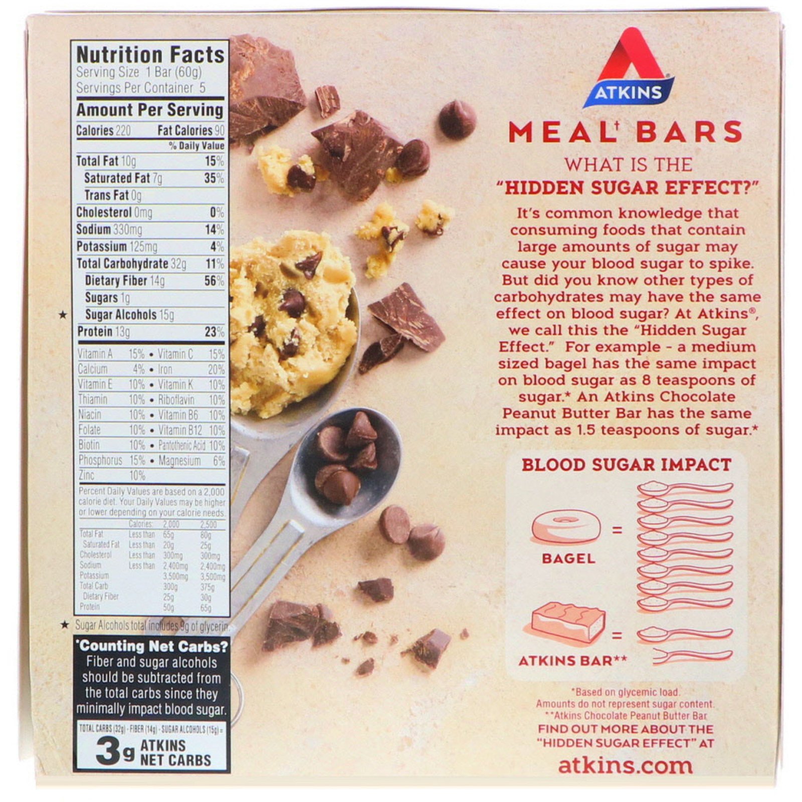 Atkins, Meal, Chocolate Chip Cookie Dough Bar, 5 Bars, 2.12 oz (60 g) Each - Imagem 2