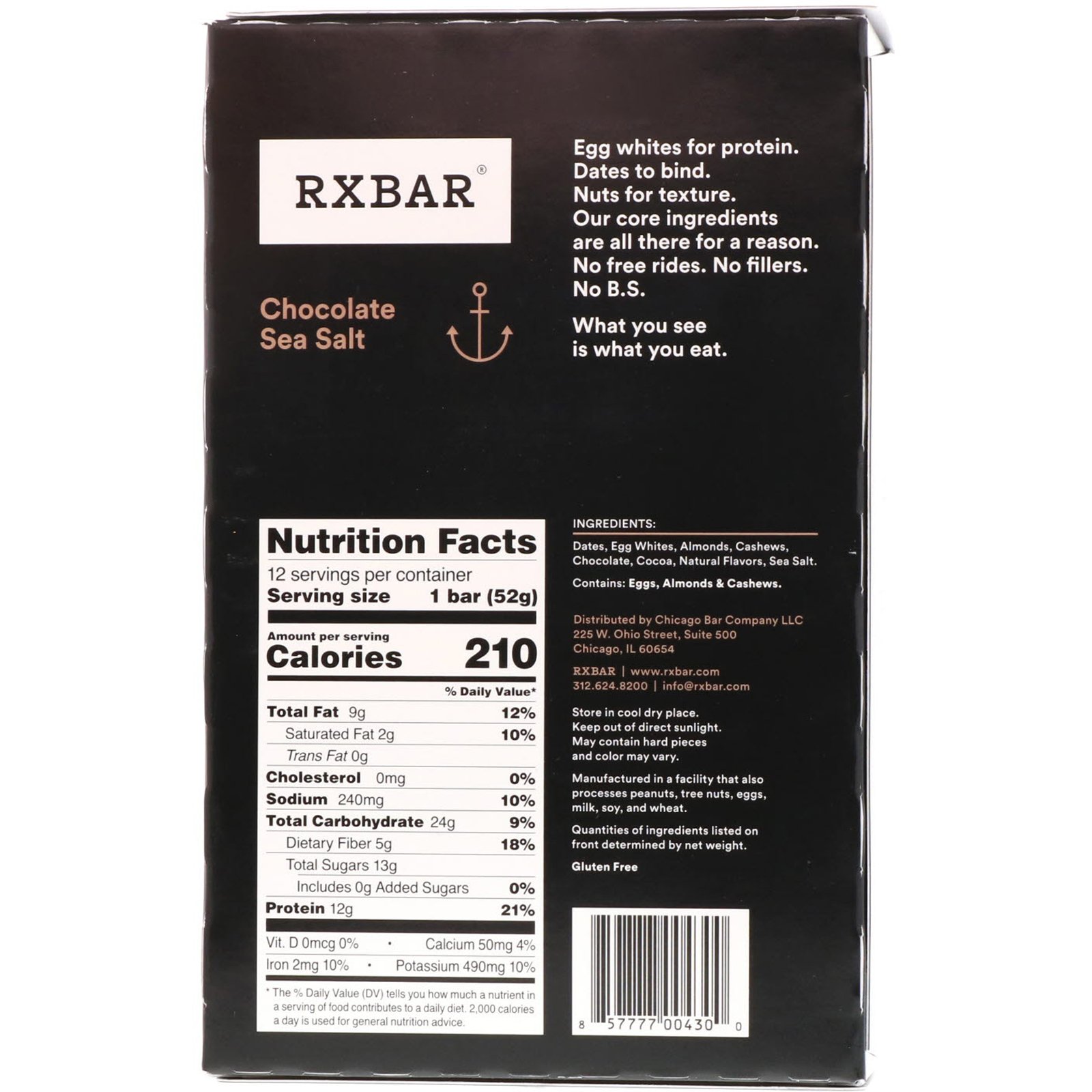 RXBAR, Protein Bar, Chocolate Sea Salt, 12 Bars, 1.83 oz (52 g) Each - Imagem 3