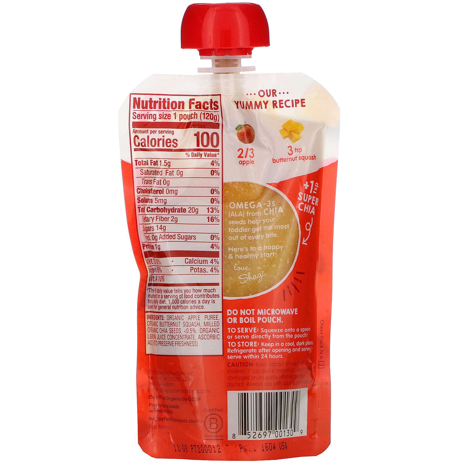 Happy Family Organics, Happy Tot, Superfoods, Stage 4, Organic Apples & Butternut Squash + Super Chia, 4.22 oz (120 g) - Imagem 2