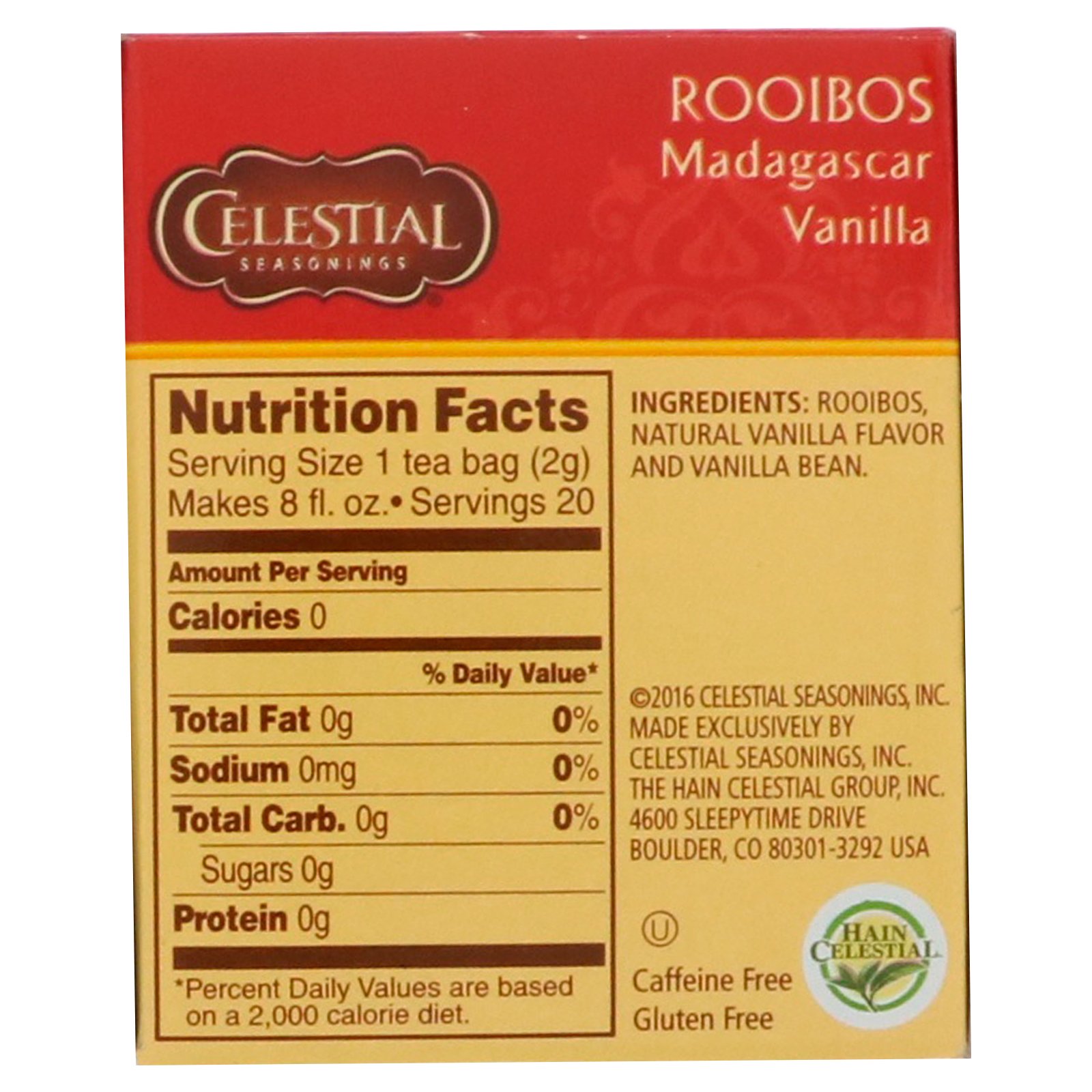 Celestial Seasonings, Cha Rooibos, Baunilha de Madagascar, Sem Cafeína, 20 Saquinhos, 1,5 oz (42 g) - Imagem 2
