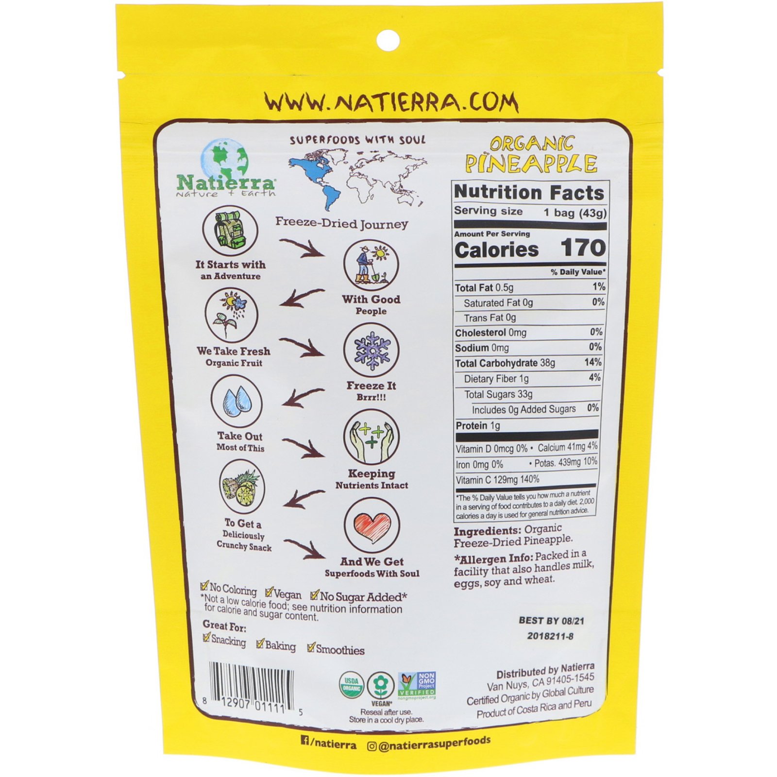 Natierra, Orgânico Liofilizado, Abacaxi, 1,5 oz (43 g) - Imagem 2