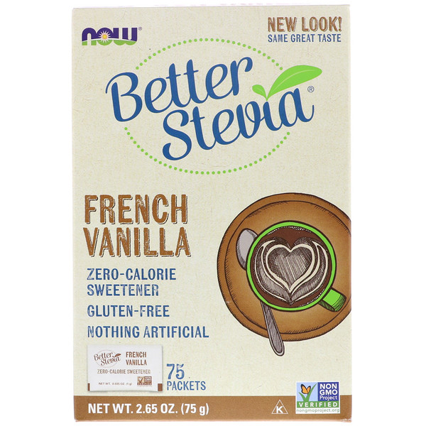 Now Foods, Melhor estévia, adoçante 0 calorias, baunilha francesa, 75 pacotes, (1 g) cada