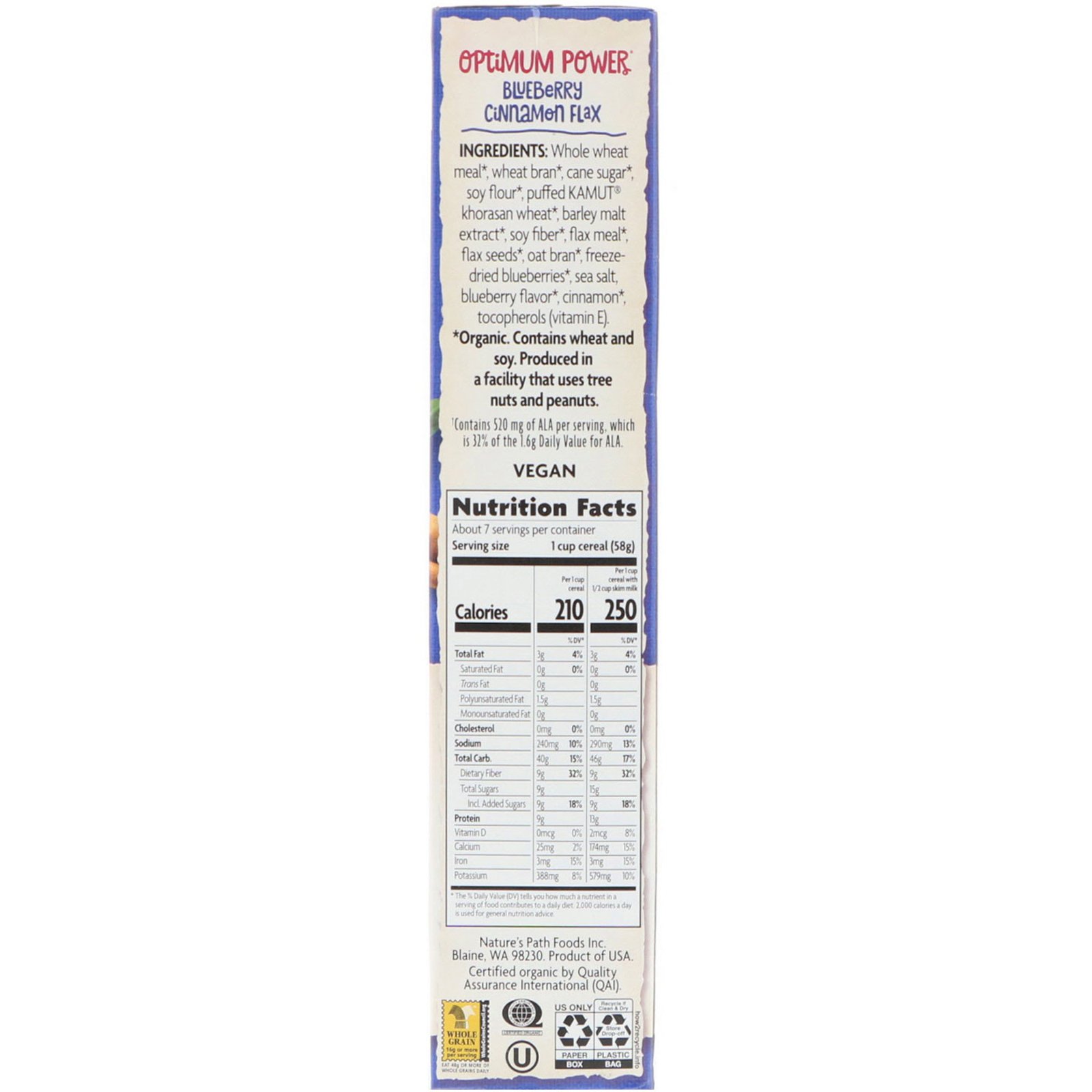 Nature's Path, Cereal Orgânico Optimum Power, mirtilo, canela e linhaça, 14 oz. (400 g.) - Imagem 2