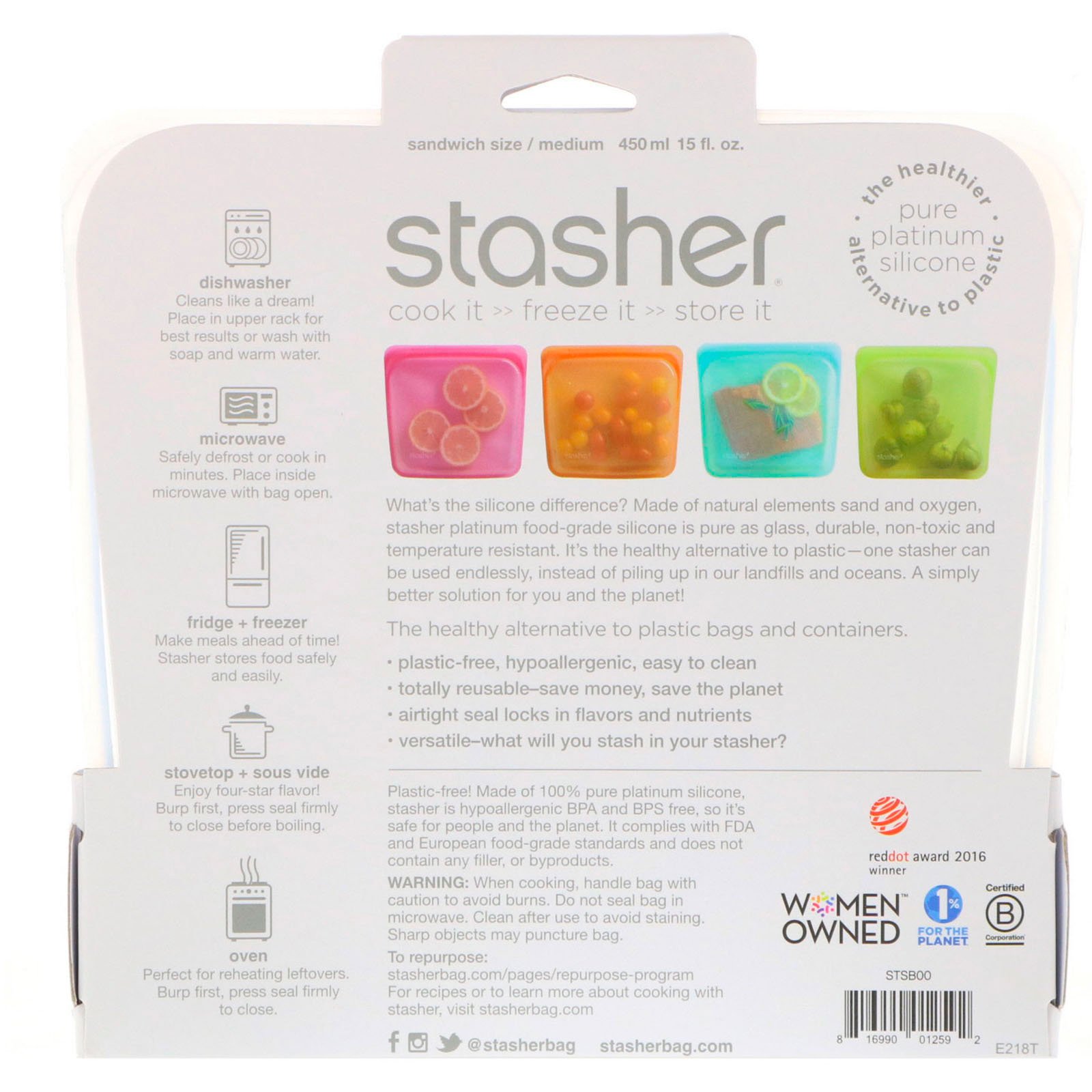 Stasher, Embalagem Reutilizável de Silicone para Alimentos, Tamanho de Sanduíche Médio, Transparente, 15 fl oz (450 ml) - Imagem 2