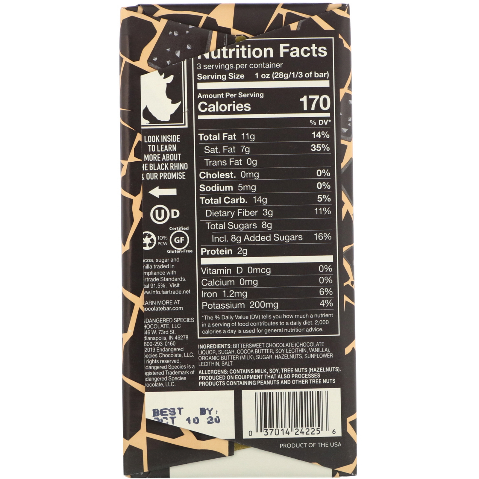 Endangered Species Chocolate, Hazelnut Toffee + Dark Chocolate, 72% Cocoa, 3 oz (85 g) - Imagem 2