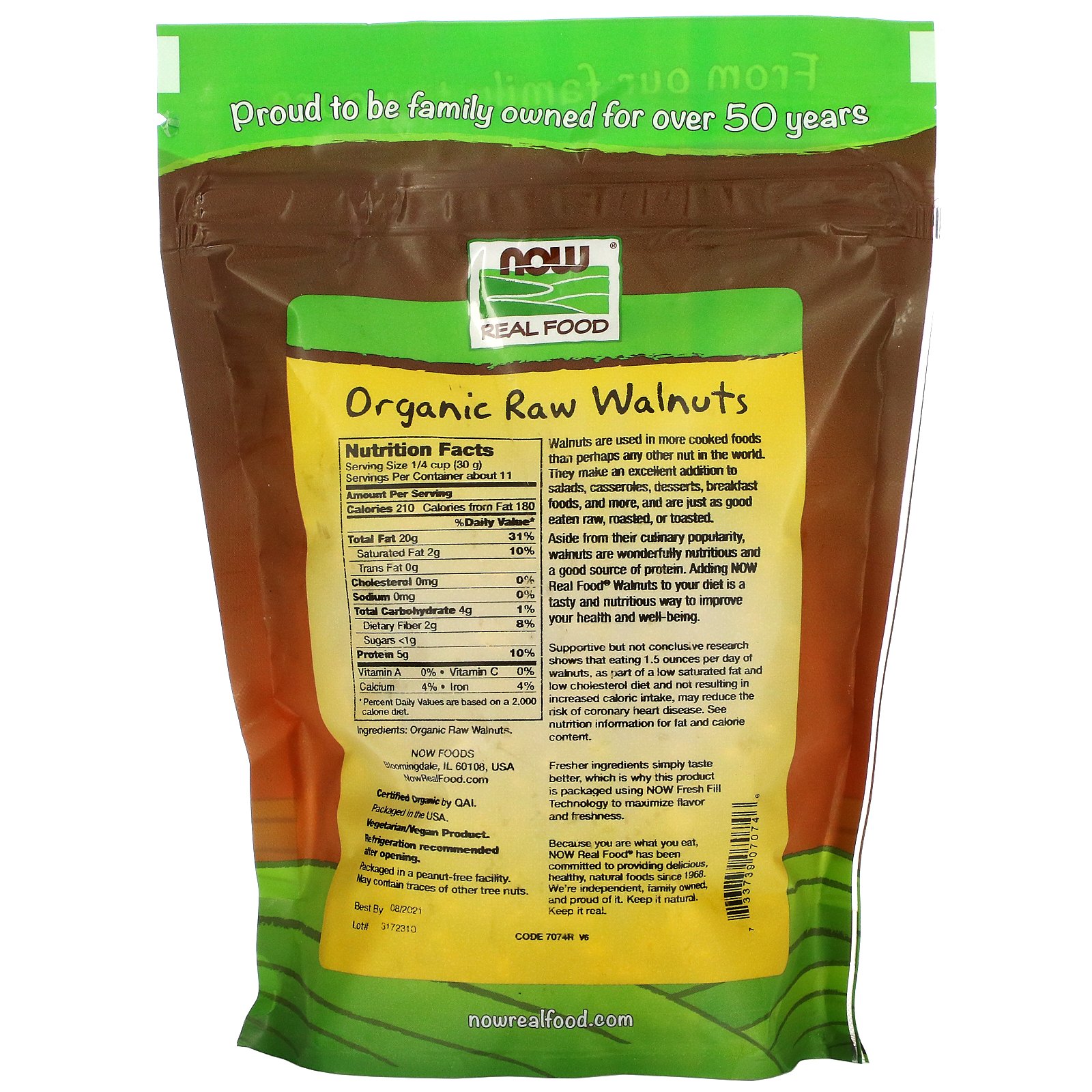 Now Foods, Real Food, Nozes Puras Certificadas Orgânicas, Sem Sal, 12 oz (340 g) - Imagem 2