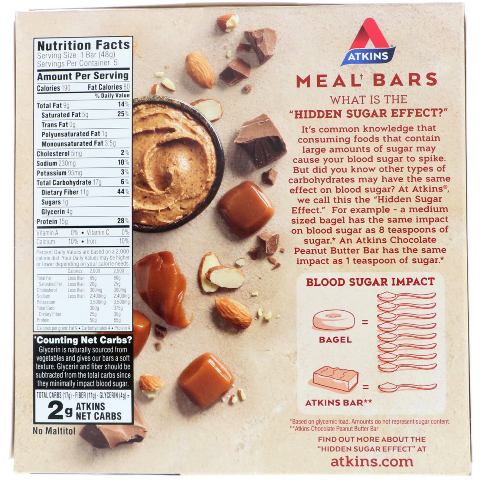 Atkins, Barra de Refeição, Barra de Caramelo com Chocolate e Amêndoa, 5 Barras, 1,69 onças (48 g) - Imagem 2