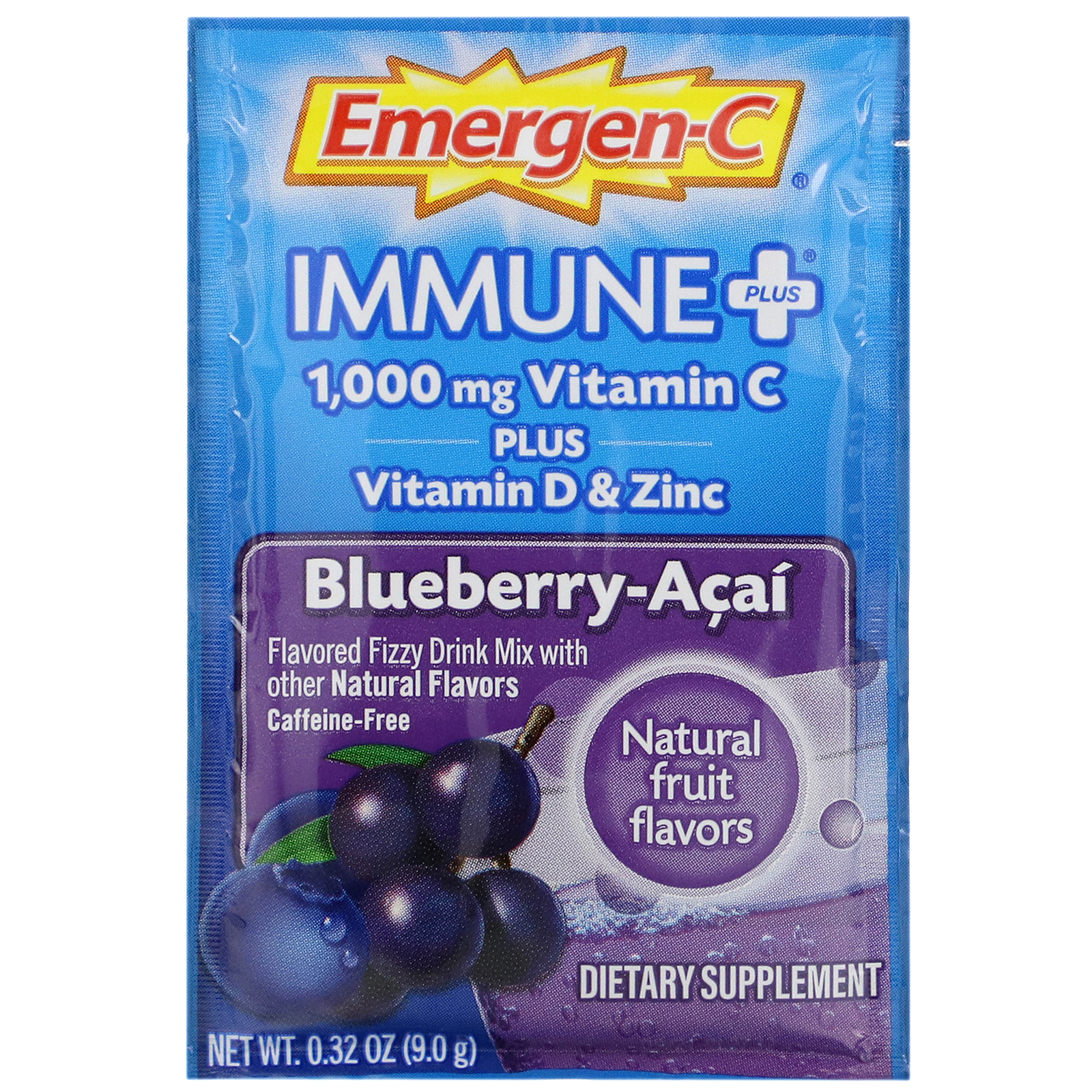 Emergen-C, Immune +, Vitamin C Plus Vitamin D & Zinc, Blueberry-Acai, 1,000 mg, 30 Packets, 0.32 oz (9.0 g) Each - Imagem 3
